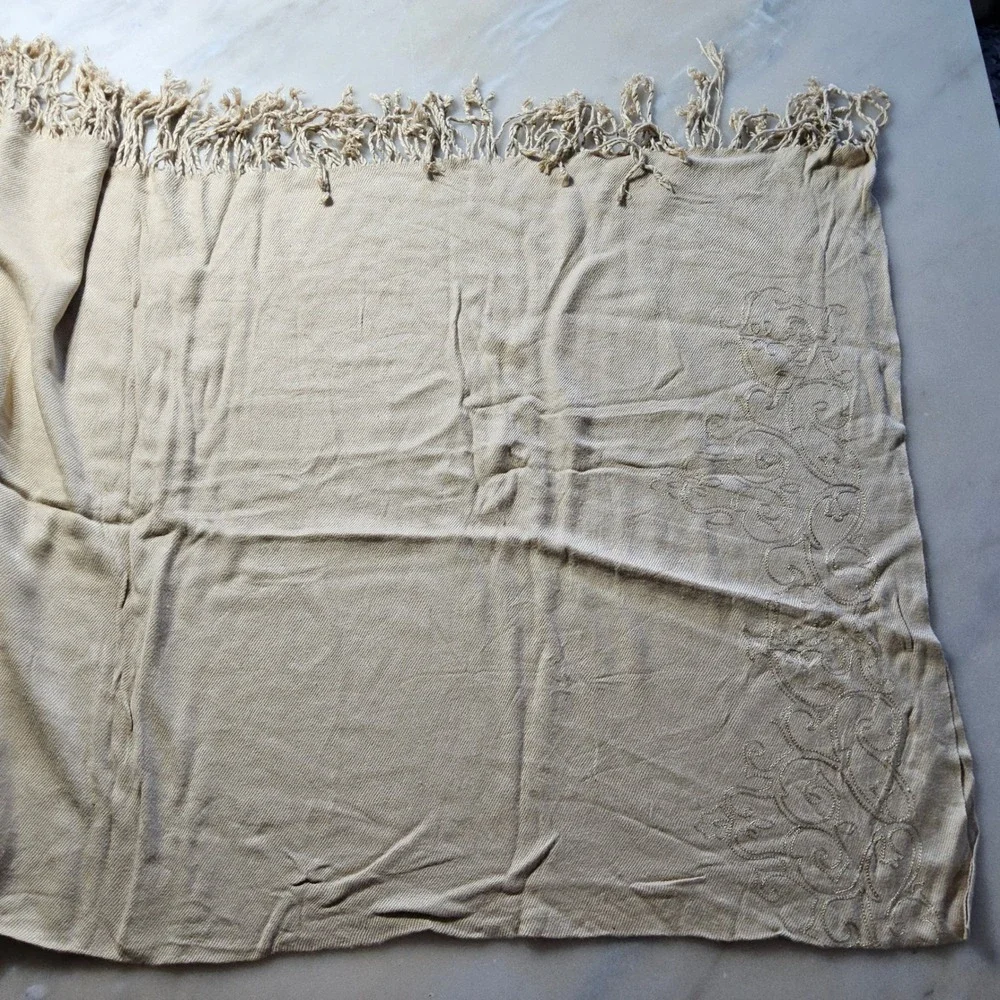 Coldwater Creek Embroidered Fringe Scarf Shawl Wrap Neutral Tan‎